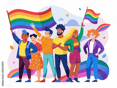 Diverse Group of People at Pride Parade Waving Flags - LGBTQ+ Celebration and Community Vector Illustration