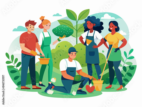 Diverse Group of Volunteers Working at a Community Event - Teamwork and Social Impact Vector Illustration