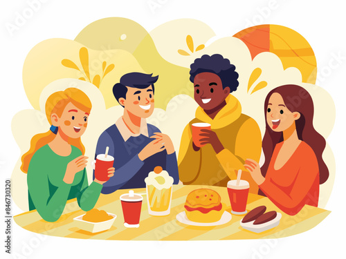 Multicultural Group of Friends Enjoying a Meal Together - Community and Celebration Vector Illustration