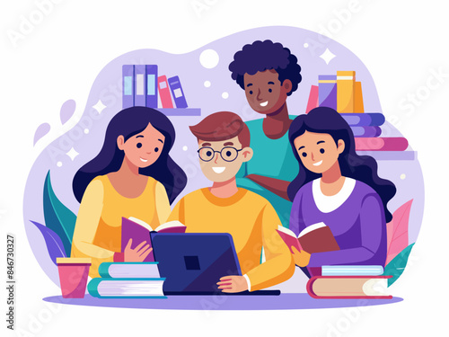 Multicultural Group of Students Studying Together - Education and Diversity Vector Illustration
