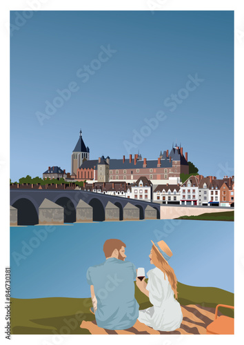 young couple on the river bank, with a house in the background