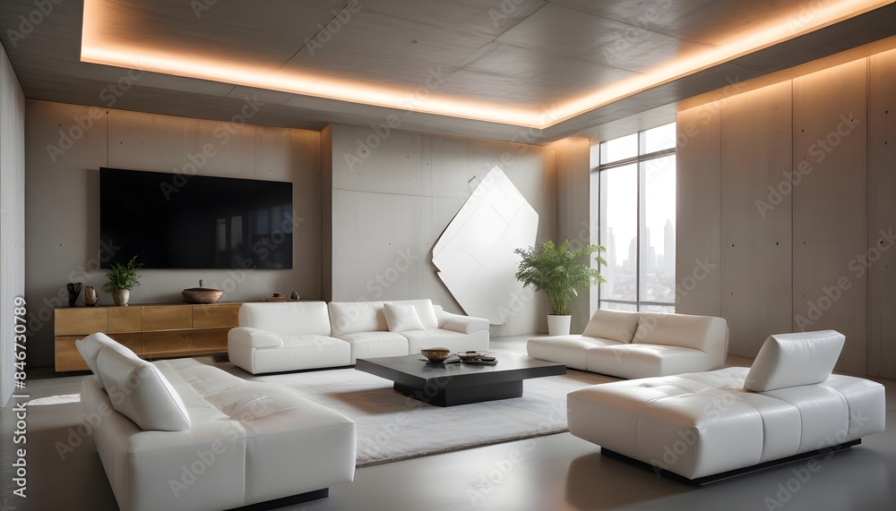 High end modern living room with white leather couch and a large flat screen tv mounted on the wall, brutalist architecture mixed with modern futuristic minimal design High end modern living room with white leather couch and a large flat screen tv mounted on the wall, brutalist architecture mixed with modern futuristic minimal design