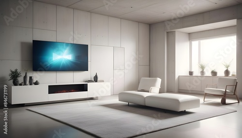 High end modern living room with white leather couch and a large flat screen tv mounted on the wall, brutalist architecture mixed with modern futuristic minimal design