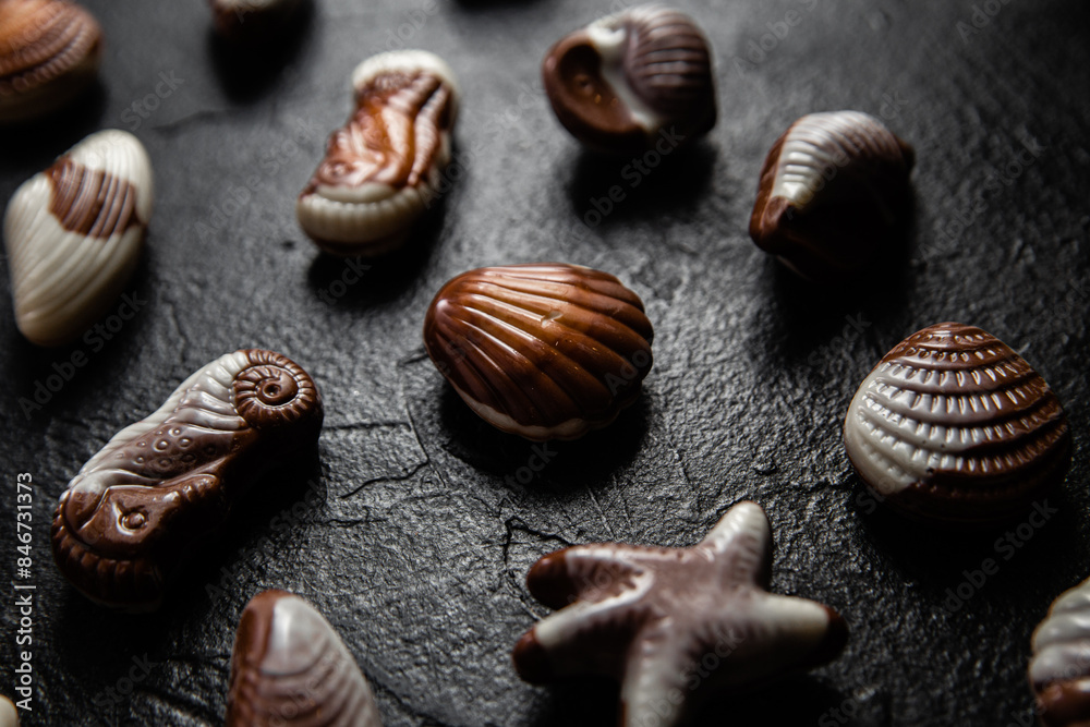 Chocolate candies in the shape of shells on a dark background Chocolate candies in the shape of shells on a dark background