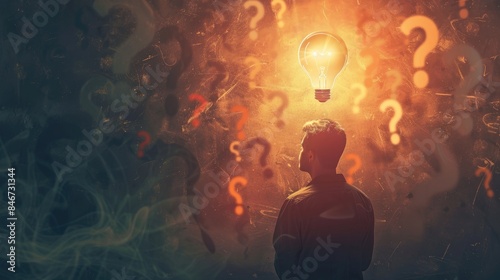 Thoughtful individual surrounded by question marks, then a bright light bulb appears signaling clarity