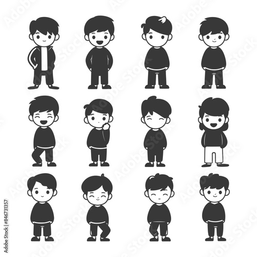 Cartoon Boys: Vector Collection of Different Hair Styles and Poses, Black and White Graphics.
