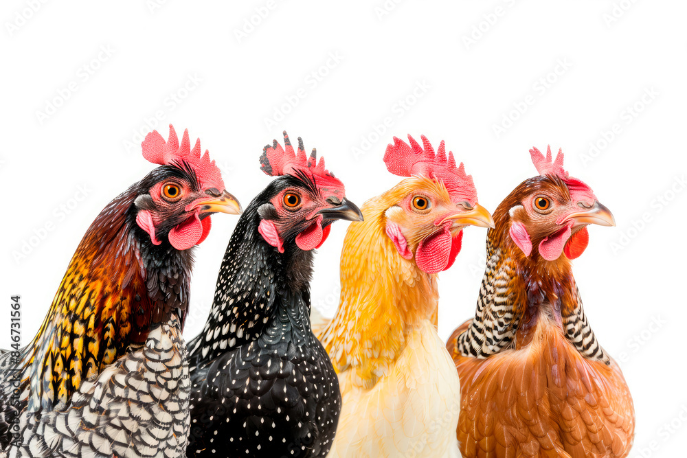 Fototapeta premium Portrait of different hens isolated on a white background