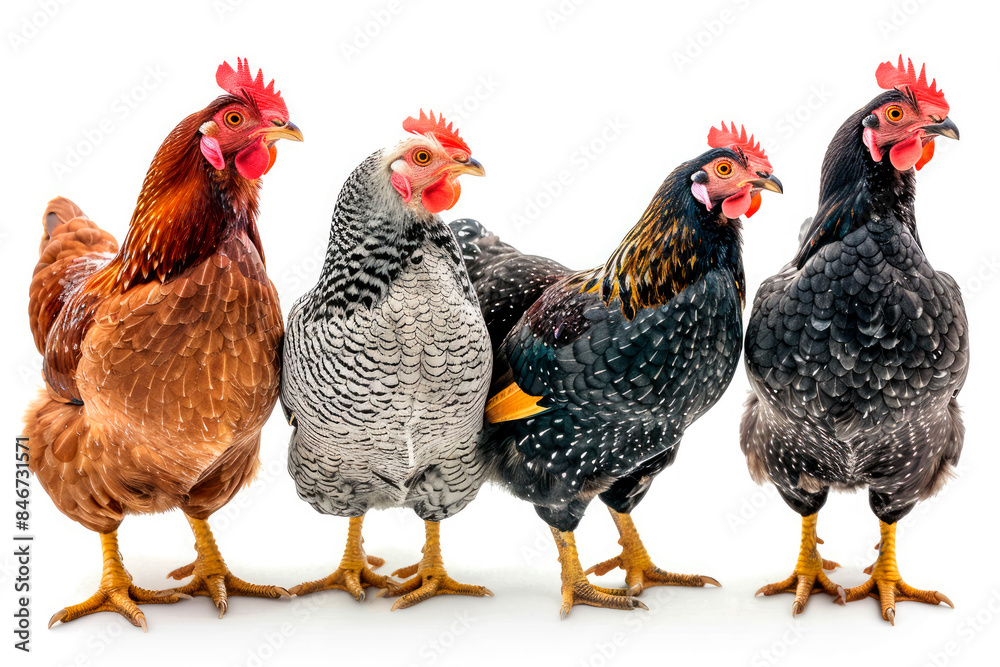 Fototapeta premium Portrait of different hens isolated on a white background