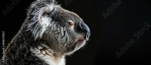 koala looks away against the black backdrop, its silhouette blending into the mysteries of the night