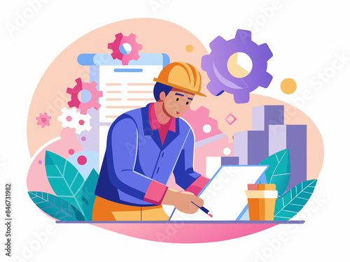 Engineer Working on a Blueprint with Abstract Background - Vector