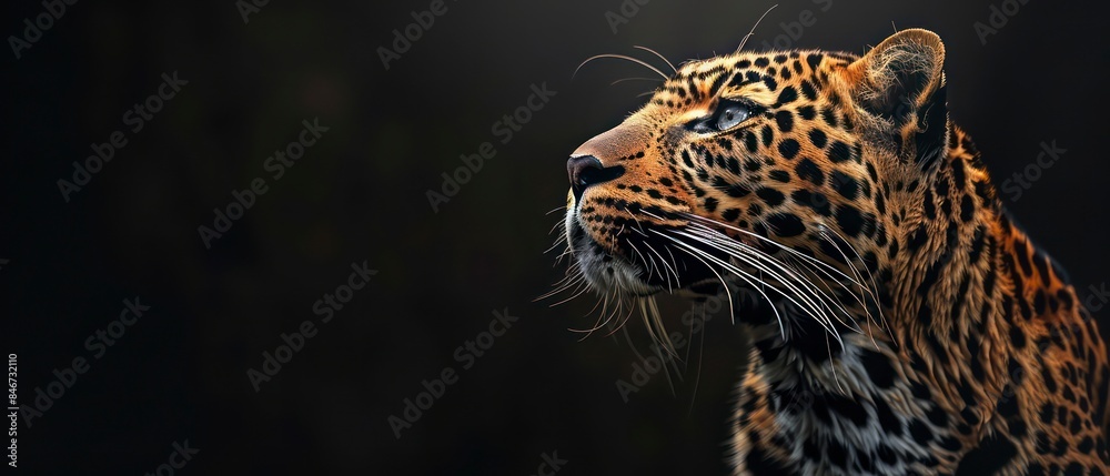 Obraz premium leopard looks away against the black backdrop, its silhouette symbolizing regal strength and nocturnal grace 