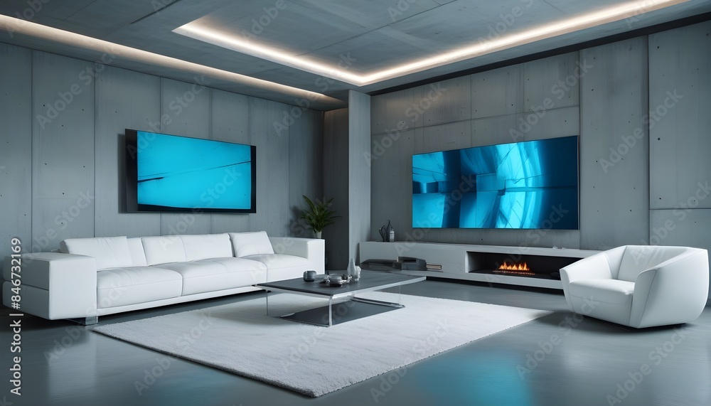 High end modern living room with white leather couch and a large flat screen tv mounted on the wall, brutalist architecture mixed with modern futuristic minimal design High end modern living room with white leather couch and a large flat screen tv mounted on the wall, brutalist architecture mixed with modern futuristic minimal design
