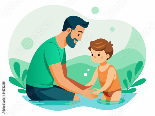 Father Teaching Son to Swim - Family Bonding and Water Activity Vector Illustration
