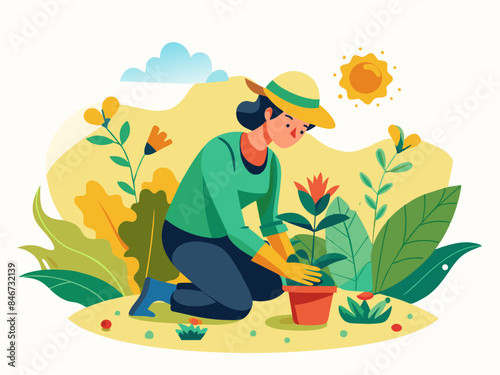 Gardener Planting Flowers - Gardening and Nature Care Vector Illustration