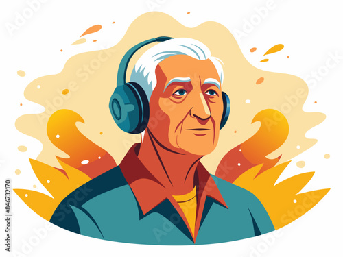 Grandfather Listening to Music - Senior Relaxation and Entertainment Vector Illustration