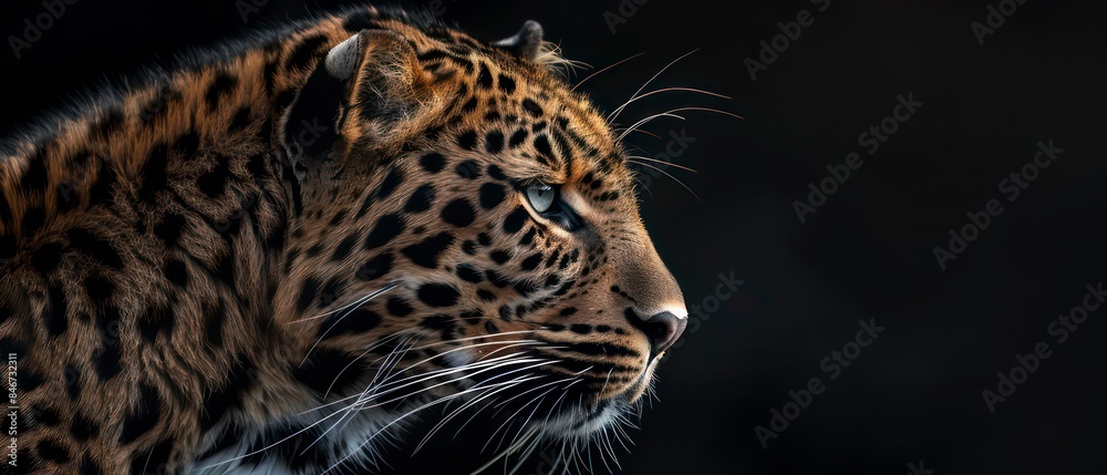Naklejka premium leopard looks away against the black backdrop, its silhouette symbolizing regal strength and nocturnal grace 