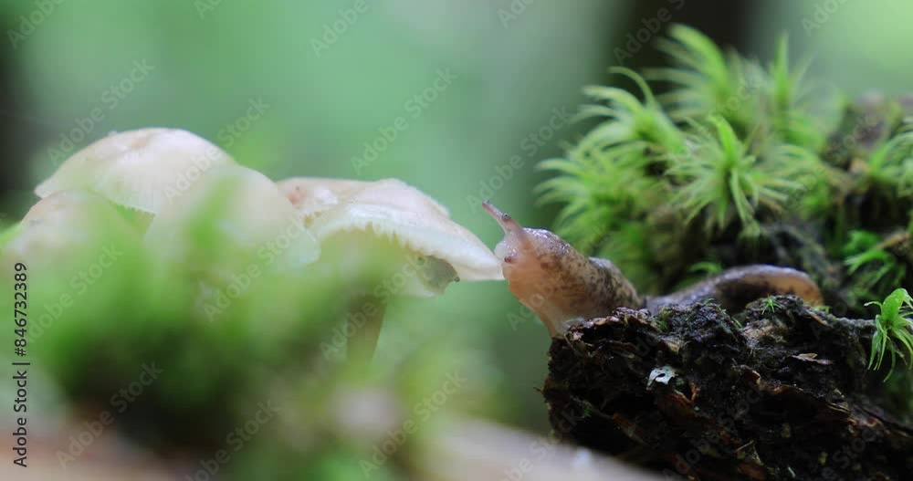A closeup 4k video of a slug eating a white mushroom.A common mushroom growing out of a layer of moss and grass. A closeup 4k video of a slug eating a white mushroom.A common mushroom growing out of a layer of moss and grass.