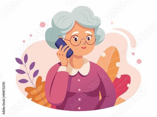 Grandma Talking on the Phone - Senior Communication Vector Illustration