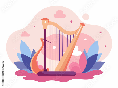 Harp with Abstract Background - Musical Instrument Vector Illustration