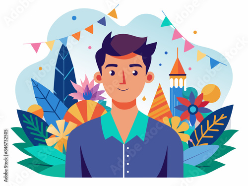 Man attending a local festival with a detailed background, reflecting themes of community events and cultural celebrations.