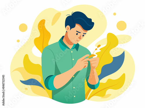 Man clipping his nails with an abstract background, suited for themes of personal grooming and self-care.