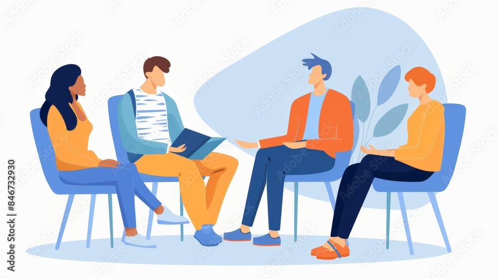 Group psychotherapy. Persons sitting in circle and talking. Emotional support. Mental health and social bonds Group psychotherapy. Persons sitting in circle and talking. Emotional support. Mental health and social bonds