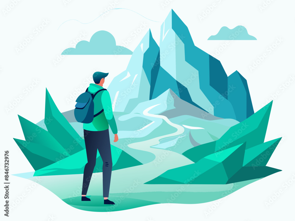Man Exploring a Glacier with Abstract Background - Vector Illustration