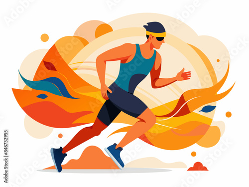 Man Doing Triathlon with Abstract Background - Vector Illustration