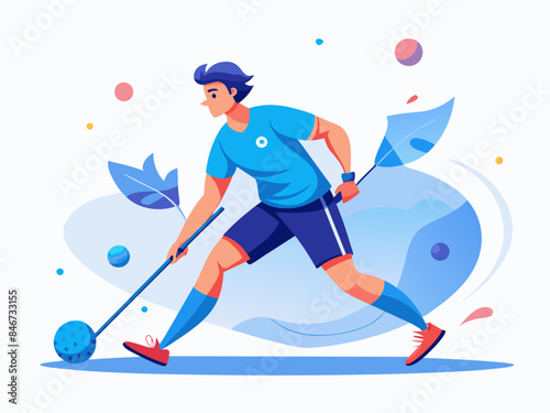 Man Playing Floorball with Abstract Background - Vector Illustration