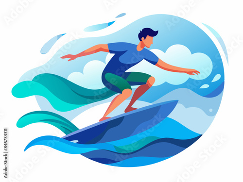 Man Surfing a Wave with Abstract Artistic Background - Vector Illustration