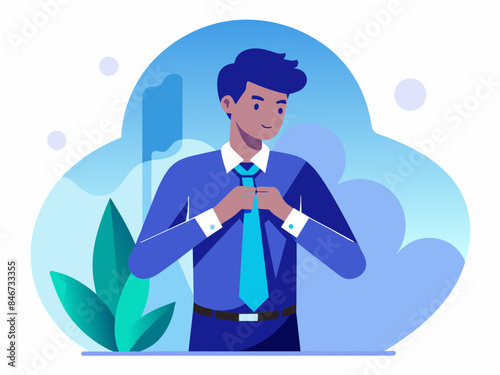 Man tying a tie with an abstract background, reflecting themes of professionalism and fashion.