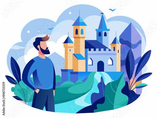 Man visiting a castle in Europe with a detailed background, ideal for themes of historical tourism and cultural exploration.