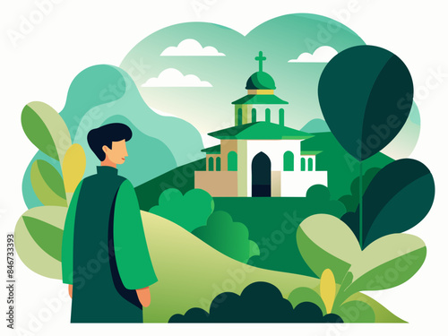 Man visiting a monastery with a detailed background, reflecting themes of spiritual and cultural tourism.