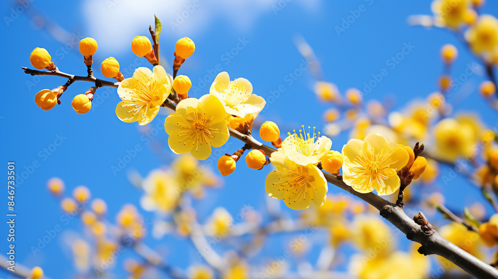 In the clear blue sky, yellow plum blossoms bloom in full swing, with dense branches covered in golden flowers blooming gracefully and vividly. In the clear blue sky, yellow plum blossoms bloom in full swing, with dense branches covered in golden flowers blooming gracefully and vividly.