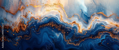 Abstract fluid art background with blue and gold swirls. Generative ai photo