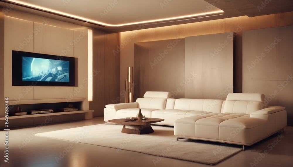 High end modern living room with white leather couch and a large flat screen tv mounted on the wall, brutalist architecture mixed with modern futuristic minimal design High end modern living room with white leather couch and a large flat screen tv mounted on the wall, brutalist architecture mixed with modern futuristic minimal design