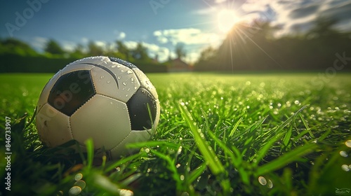 Soccer ball on green grass field under sunset sky.
