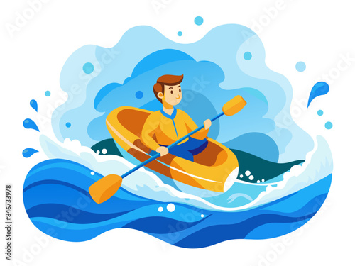 Man white-water rafting with an abstract background, ideal for themes of adventure and extreme sports.