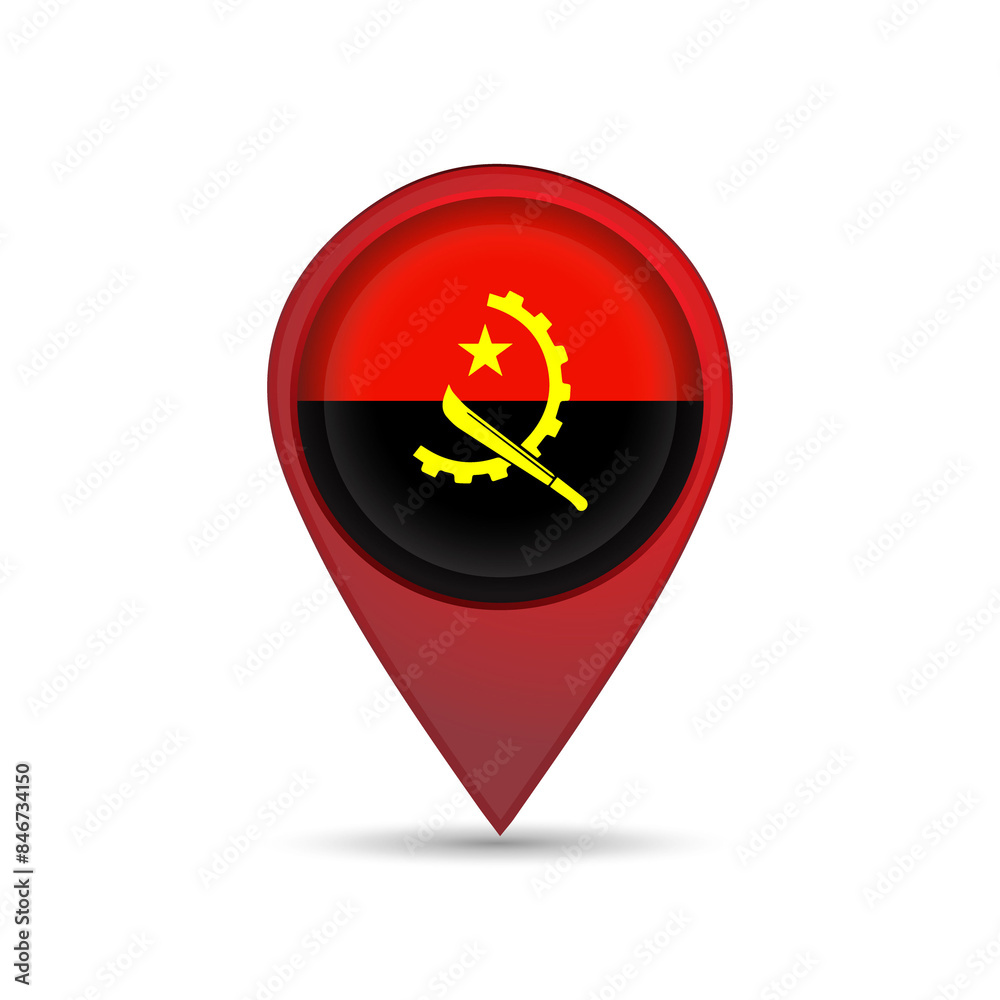 3D location pin icon with Angola flag inside vector image design. 3D location pin icon with Angola flag inside vector image design.