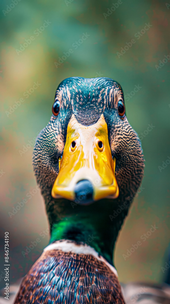 Obraz premium Close-up of duck with colorful feathers, yellow beak.