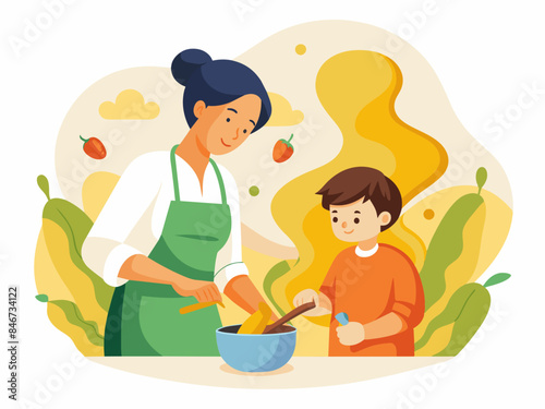 Mother and Son Cooking Together - Family Time in the Kitchen - Vector Illustration