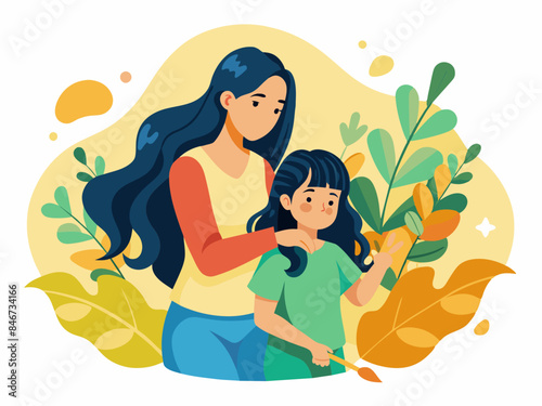 Mother brushing her daughter’s hair with a detailed background, reflecting themes of family care and bonding.