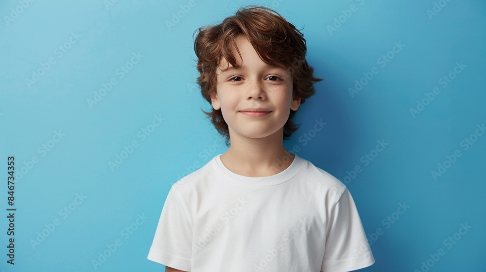 male child wearing a blank white t-shirt at blue background.