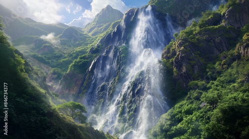 Majestic waterfall cascading down a lush green mountain in a tropical rainforest.