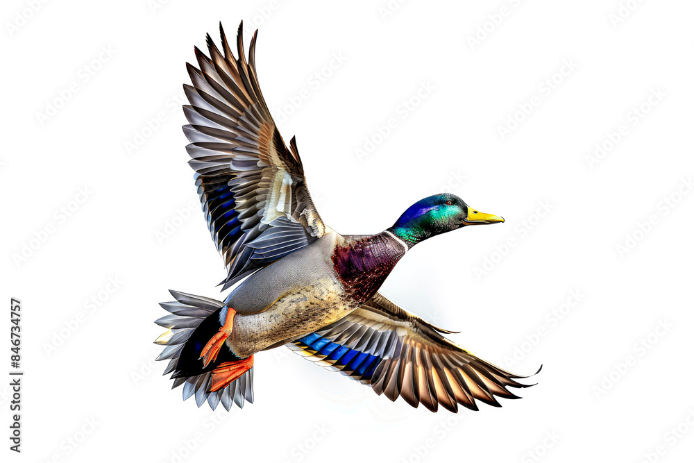 Obraz premium Male mallard in flight, colorful plumage on white background.