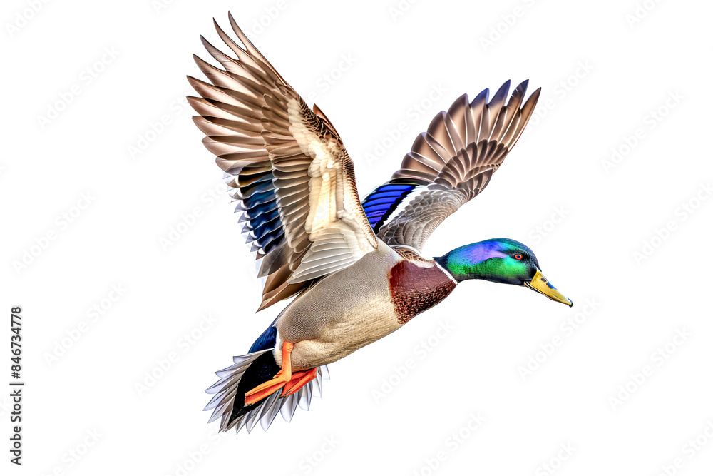 Obraz premium A mallard duck in flight, wings outstretched against a white background.