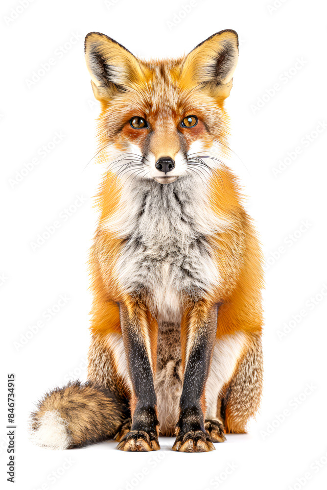 Red fox sitting alertly on white background.