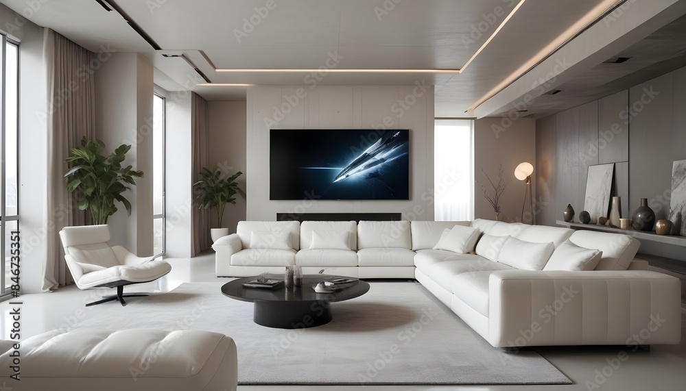 High end modern living room with white leather couch and a large flat screen tv mounted on the wall, brutalist architecture mixed with modern futuristic minimal design
