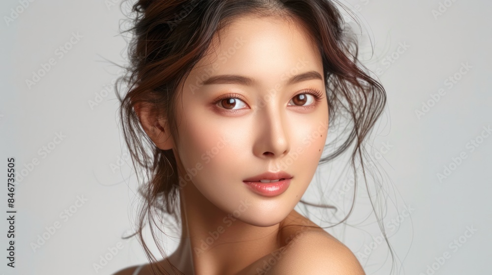 A beautiful young Asian woman with clean skin gently touching her shoulder against a white background Cosmetology skincare beauty and spa A beautiful young Asian woman with clean skin gently touching her shoulder against a white background Cosmetology skincare beauty and spa