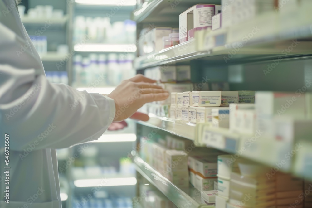 Close up of pharmacy shelf and reaching for medicine for the shelves and pick up product Close up of pharmacy shelf and reaching for medicine for the shelves and pick up product